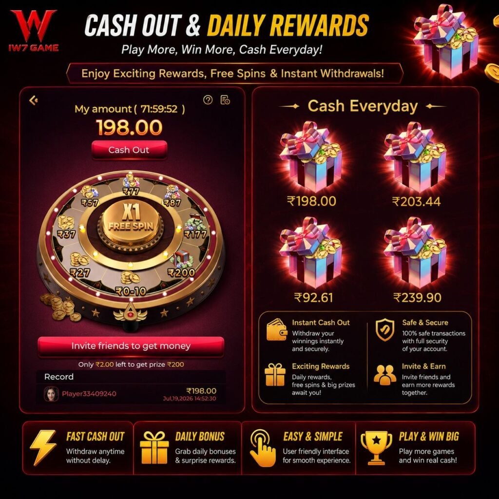 IW7 Game homepage featuring bonus offers, login access, and mobile gaming interface