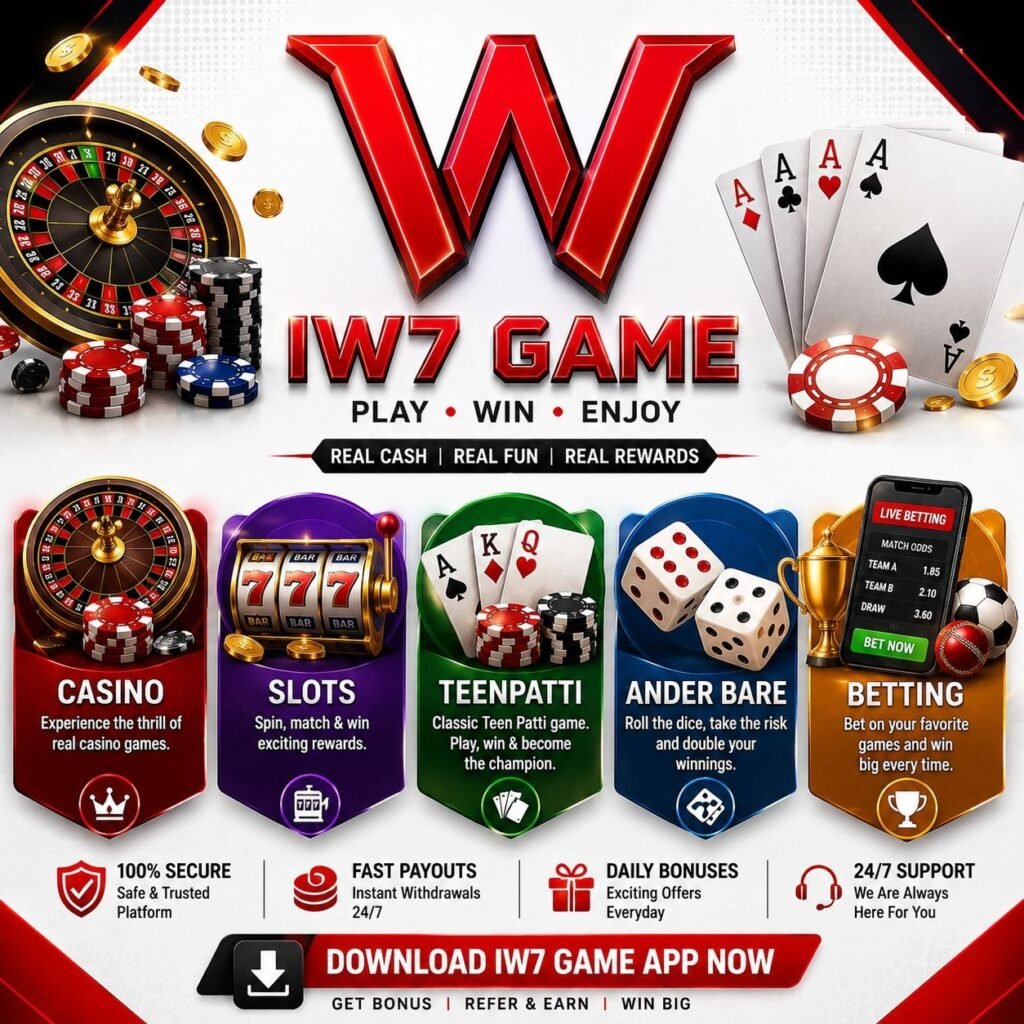 IW7 Game online casino platform featuring slots, Teen Patti, betting, fast payouts, and daily bonuses.