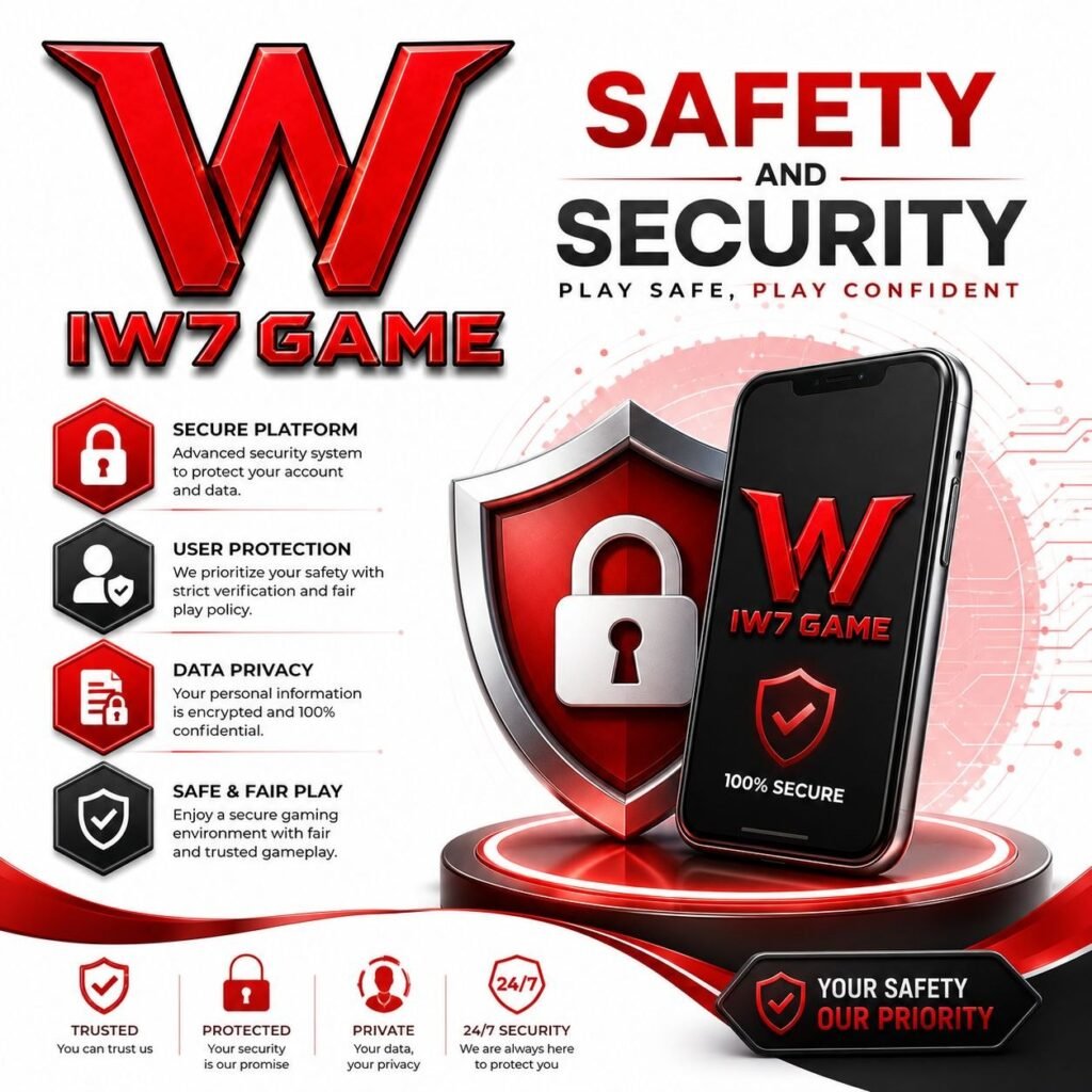 IW7 Game secure platform image with mobile app, security shield, user protection, and data privacy features.