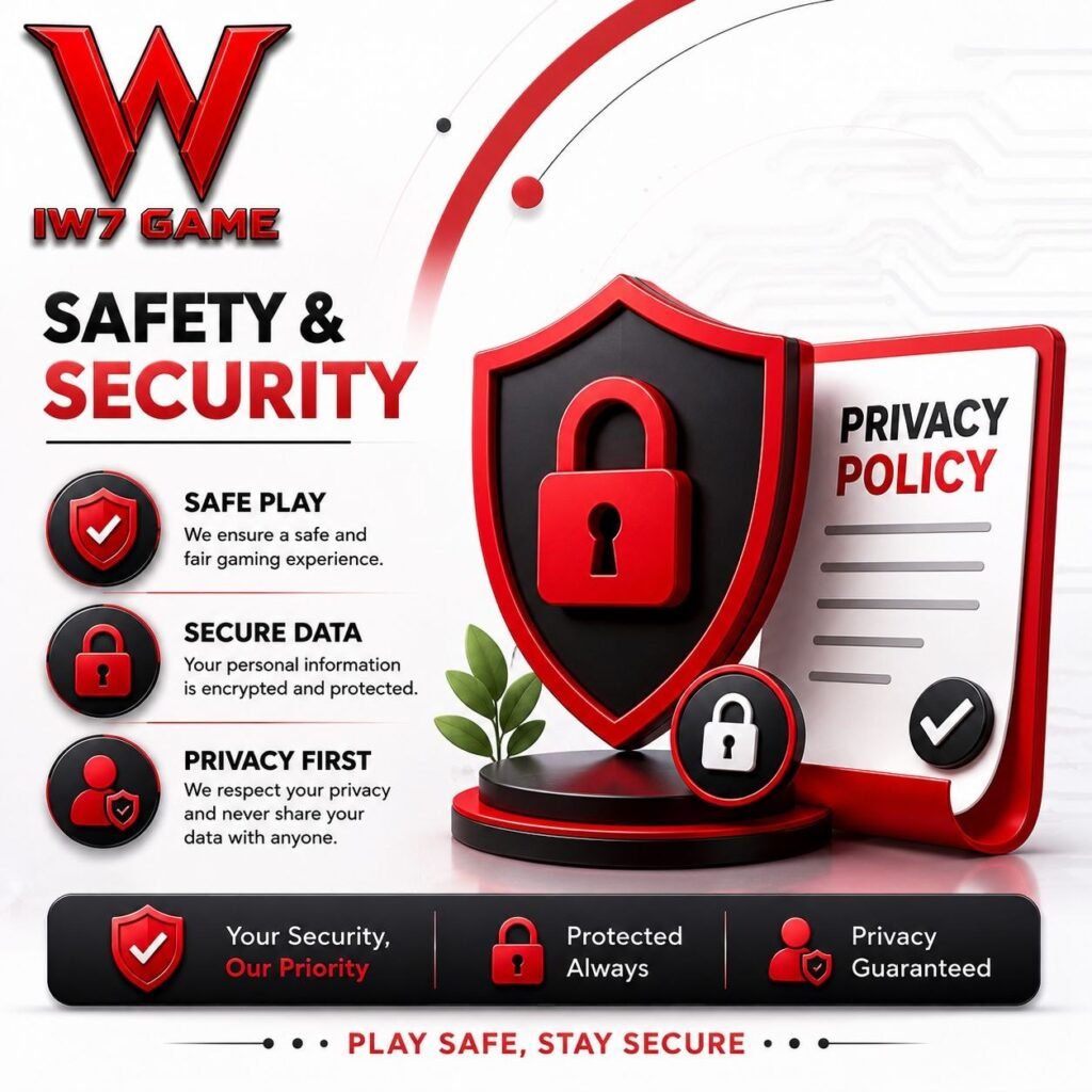 IW7 Game safety and security banner featuring privacy policy, secure data protection, encrypted information, and safe gaming environment.